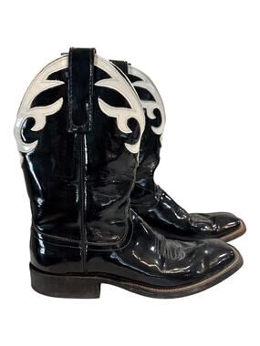 VINTAGE WOMENS ANDERSON BEAN BOOTS PATENT LEATHER BLACK/WHITE SZ 8/9